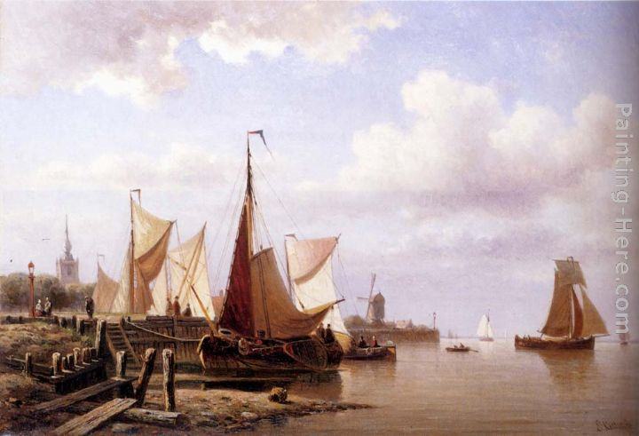 Everhardus Koster A River Estuary With Moored Fishing Pinks And Townsfolk On The Quay